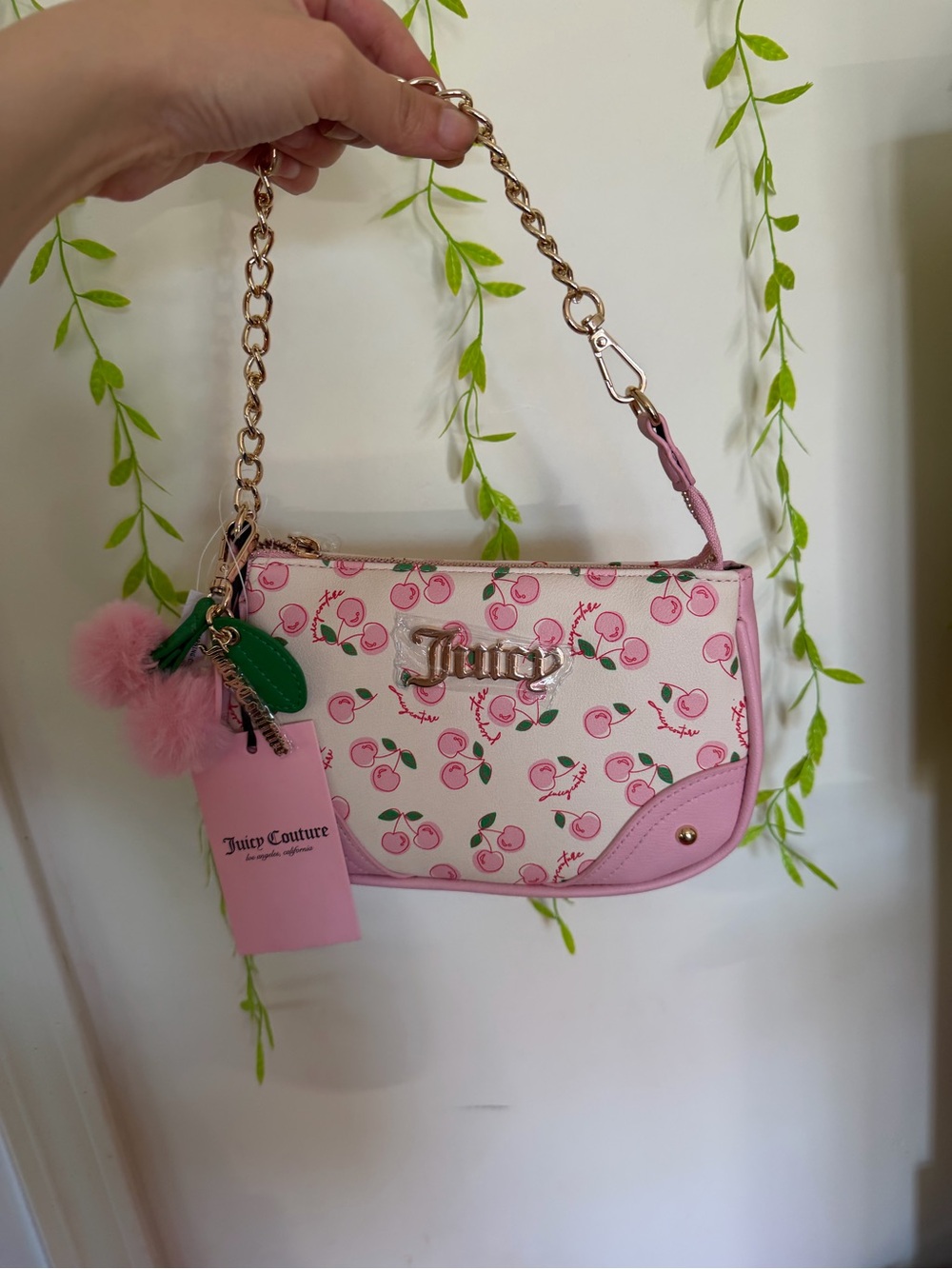 Juicy Couture Pink Cherry Print Mini Shoulder Bag with Gold Chain